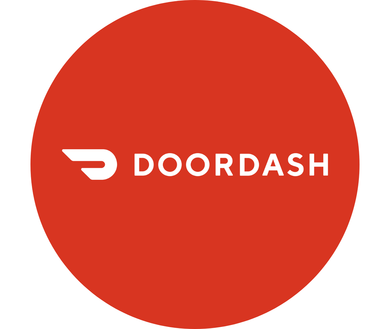 Red circular logo of DoorDash with white text and icon.