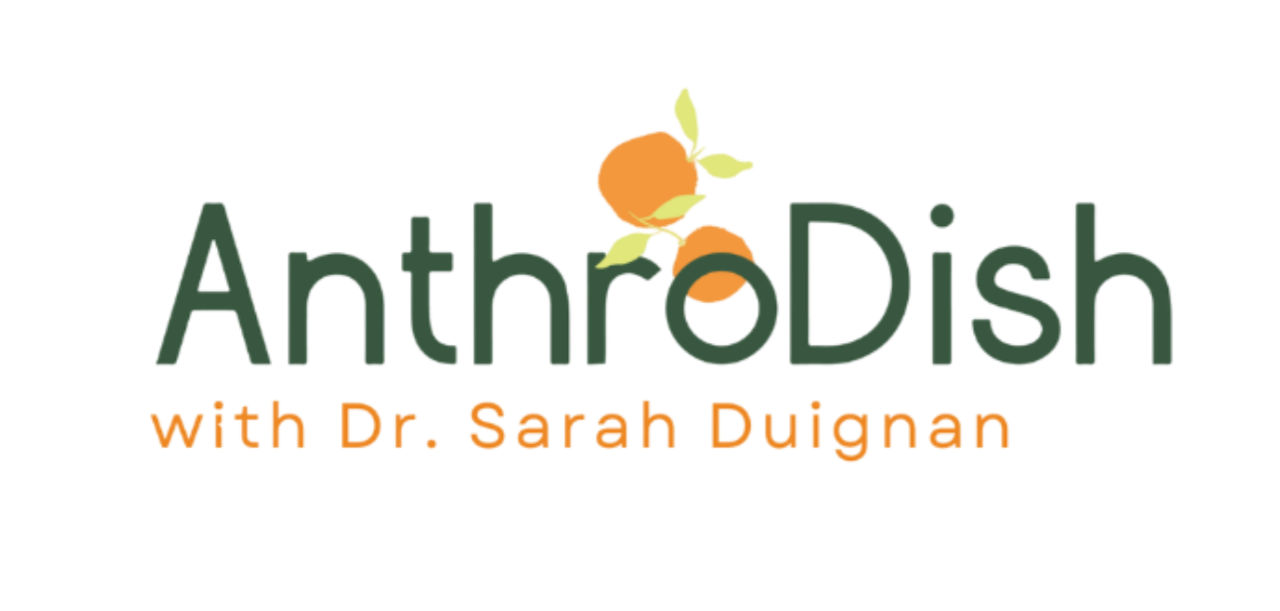 Logo for AnthroDish podcast featuring Dr. Sarah Duignan, with an orange fruit illustration above the text