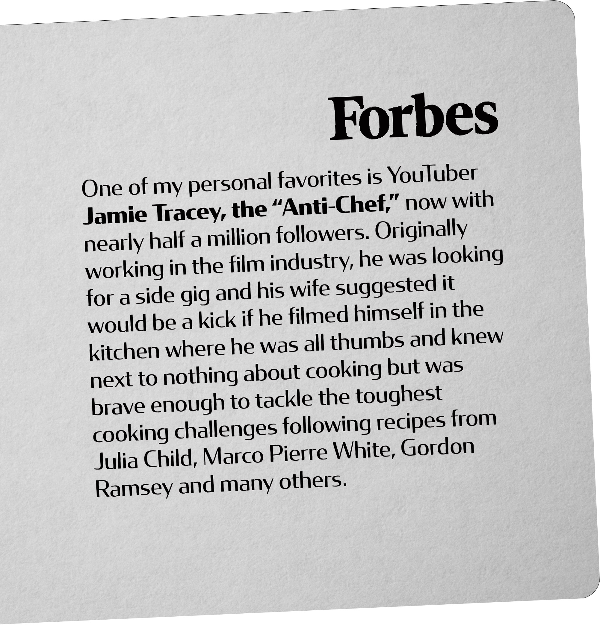 A printed page with text about YouTuber Jamie Tracey, known as 'Anti-Chef', mentioning his followers and background in the film industry.