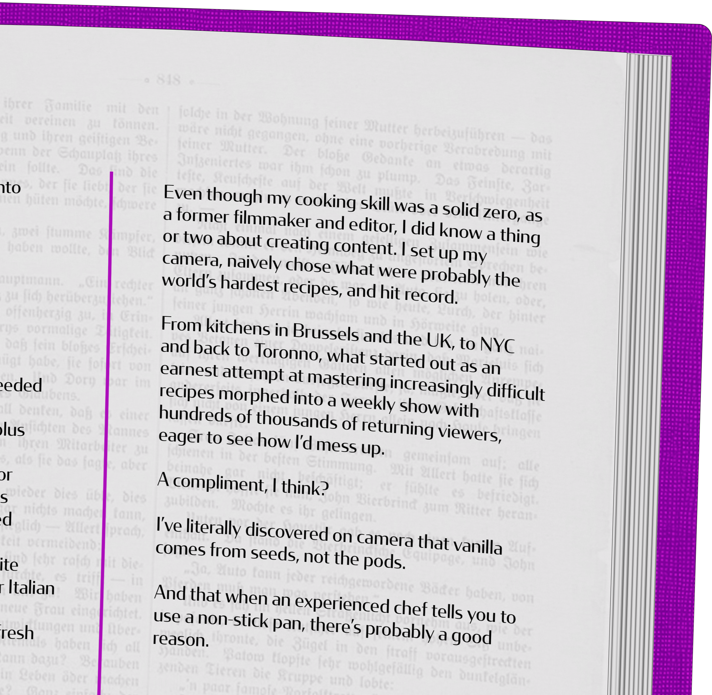 Close-up of an open book with a purple-lit background, showing a page of text with some visible words.