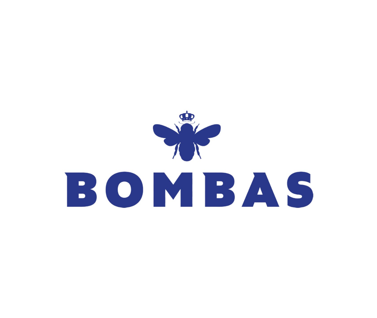 Logo with a stylized honeybee wearing a crown above the word "BOMBAS" in bold blue letters.