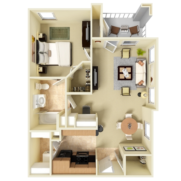 Floor plan of a small apartment showing a bedroom, bathroom, living room, kitchen, and a small balcony.