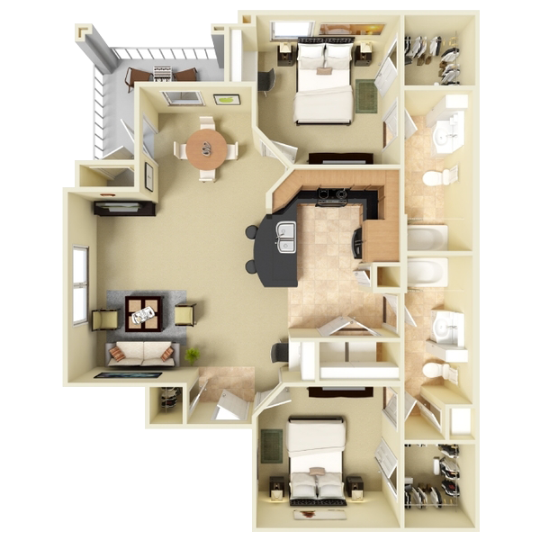 A detailed floor plan of a two-bedroom apartment with a living room, kitchen, dining area, two bathrooms, and a balcony. One bedroom has a large bed and a closet, while the other bedroom has a smaller bed and a closet. The living room has a sofa, chairs, a coffee table, and a TV. The kitchen has an island with stools and appliances. The balcony features outdoor furniture.