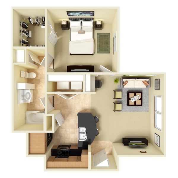 Top-down view of a small apartment with a bedroom, bathroom, kitchen, and living room.