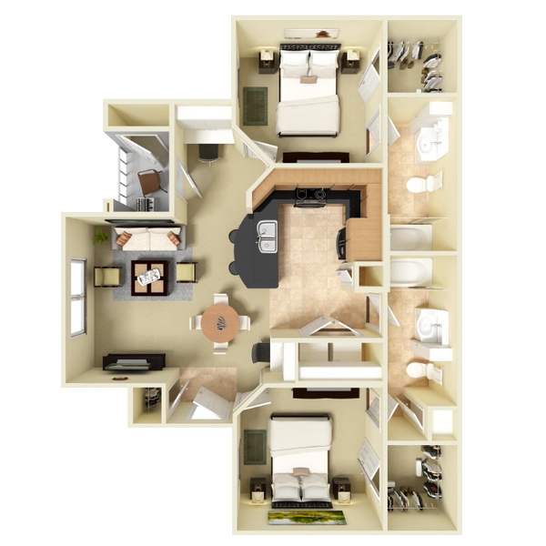 Floor plan of a two-bedroom apartment with a kitchen, living room, dining area, two bathrooms, and two walk-in closets.