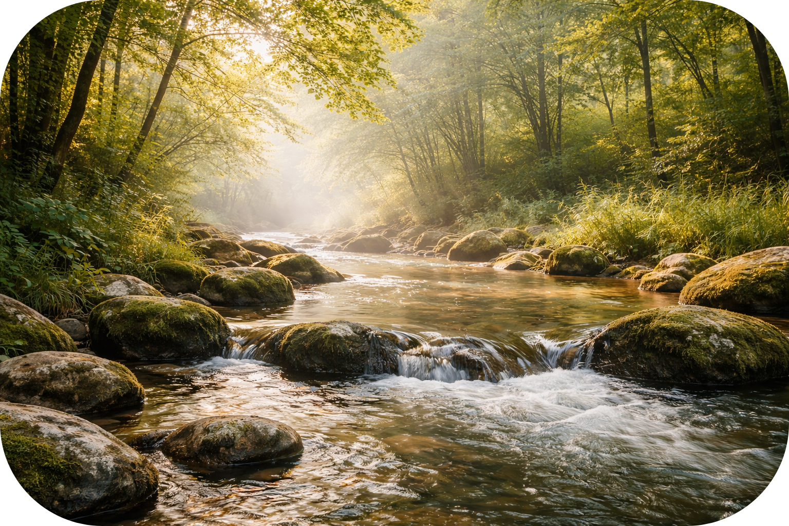 Rivière et forêt avec soleil traversant les arbres – symbolise le retour à sa propre source – Thérapie de l’enfant intérieur, Annabelle Perez, Nandy (77)