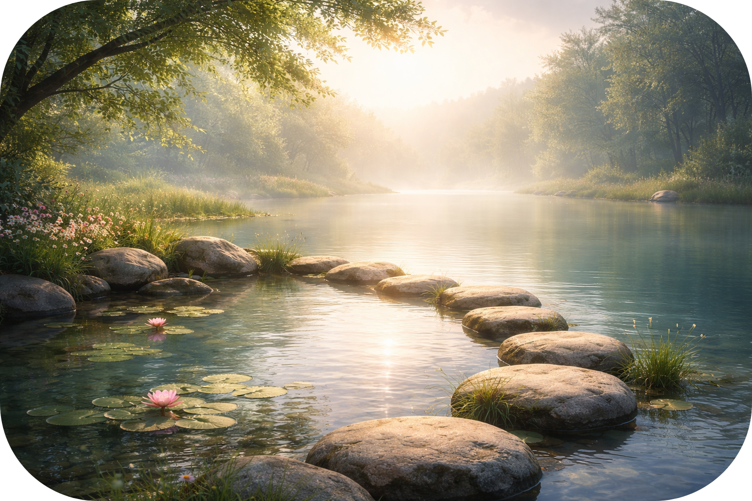Lac avec pierres, nénuphars et arbres au soleil – symbolise la sérénité, la paix intérieure avec les parts de soi – page Psychothérapie IFS avec Annabelle Perez, psychopraticienne à Nandy (77)