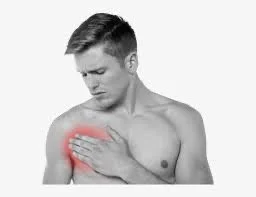A shirtless man holding his chest with a pained expression, indicating chest pain or discomfort.
