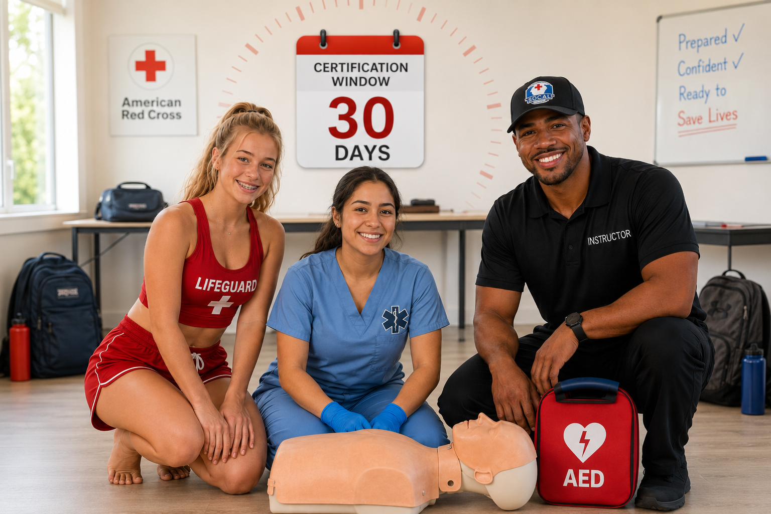 Group of three people, including young women in lifeguard and medical uniforms and an instructor, practicing CPR techniques on a mannequin during a Red Cross first aid certification course in a classroom.