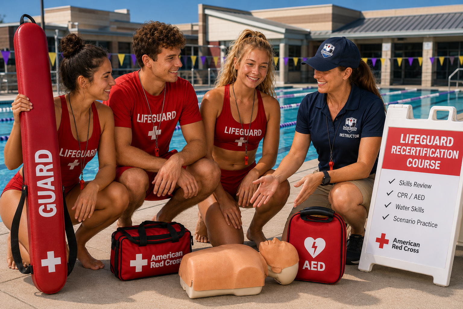 Lifeguards and instructor at an outdoor swimming pool during a recertification course for water safety and CPR, with emergency medical equipment and a training manikin.