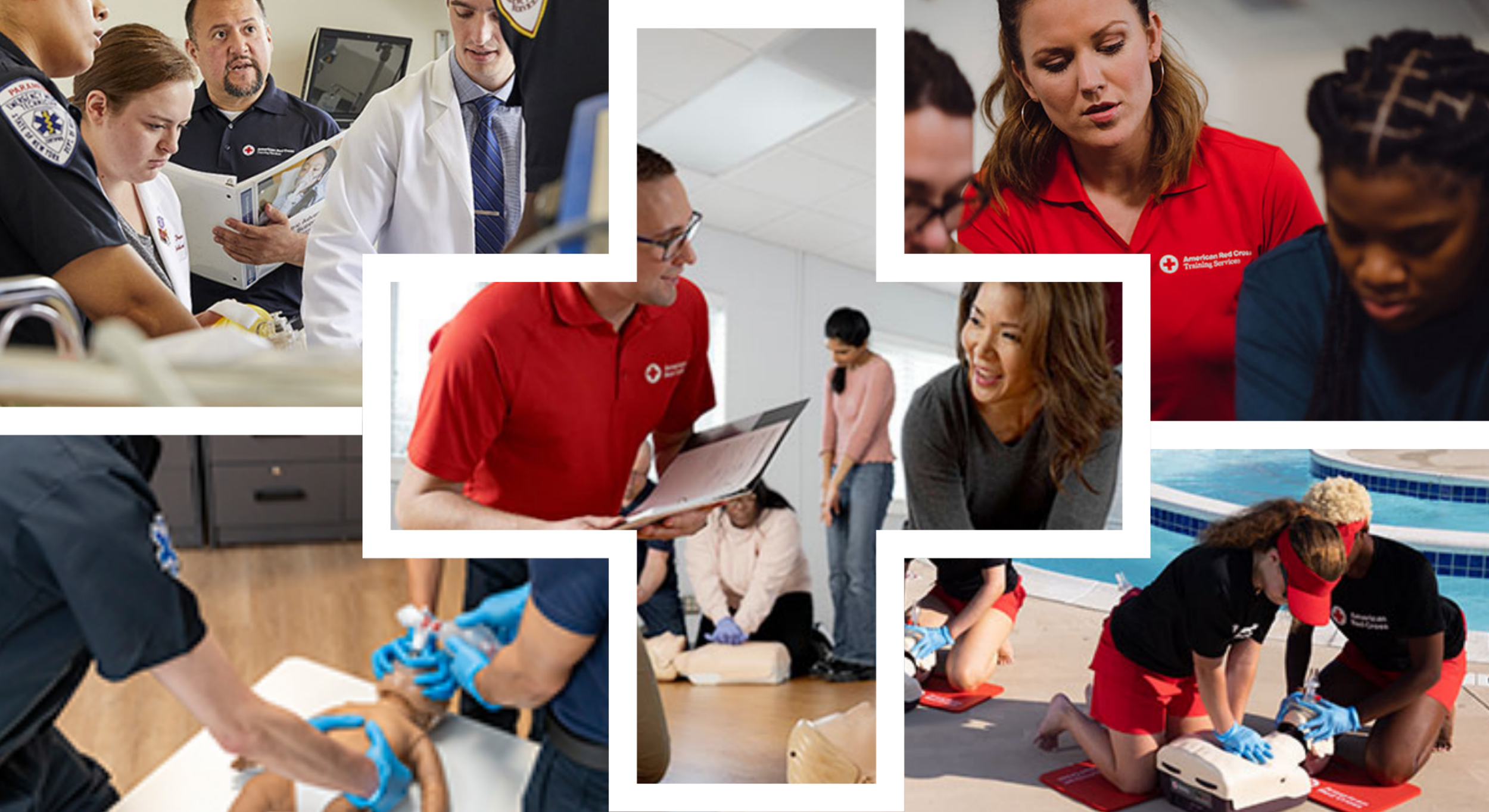 A collage of images showing Red Cross emergency response activities, including medical personnel attending to patients, volunteers providing CPR training, and a person receiving emergency medical care near a pool.