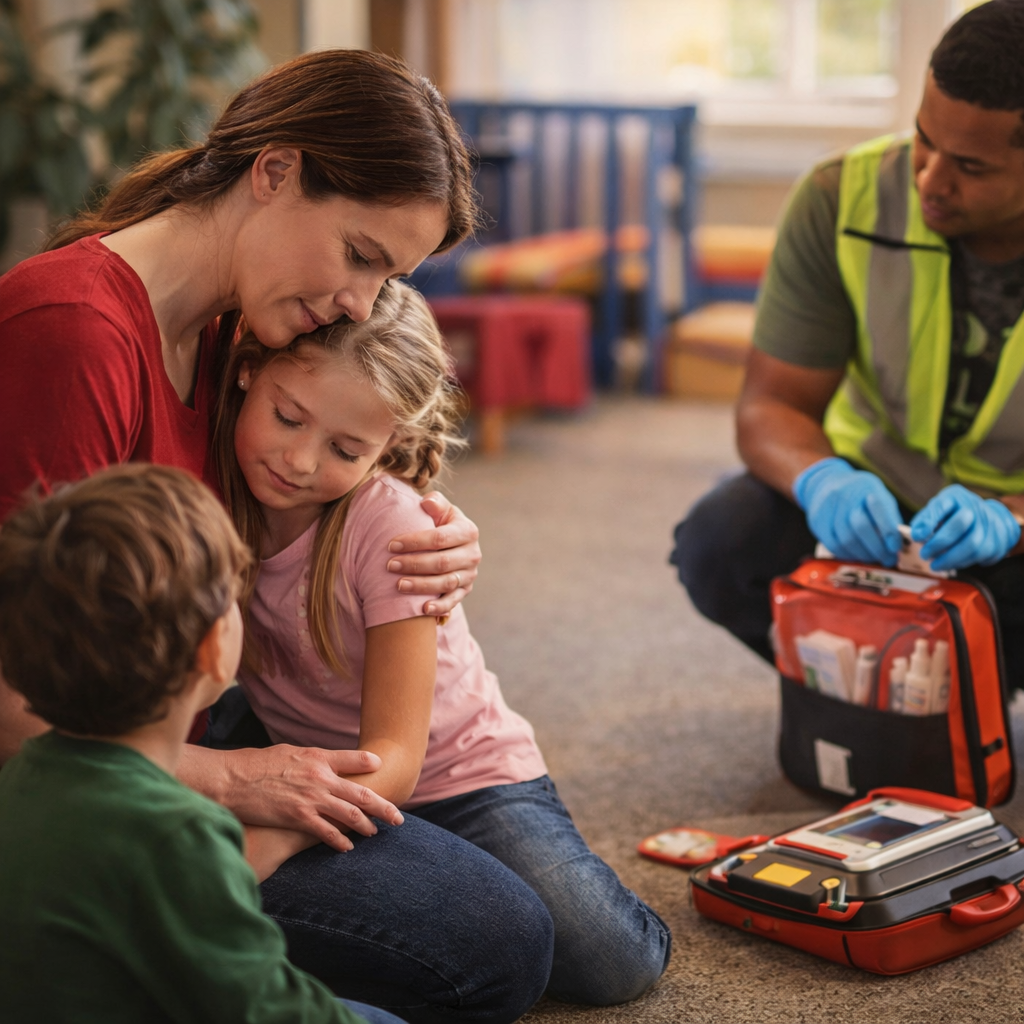 A woman and two children sitting on the floor, with a man providing first aid training nearby in a classroom or home setting.