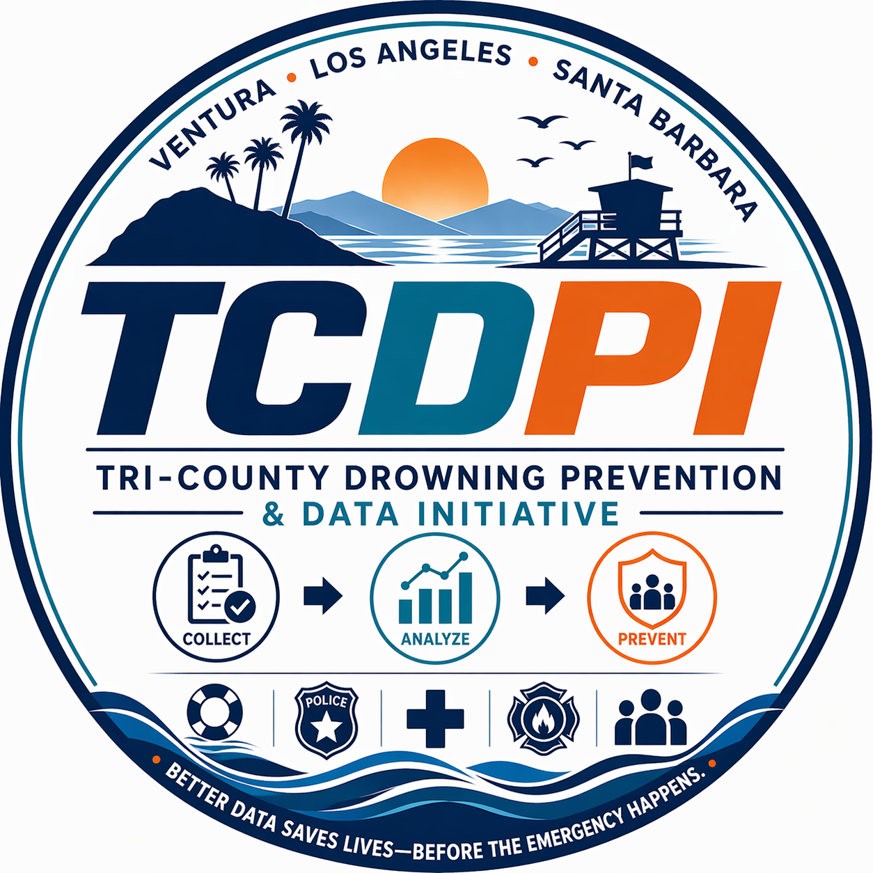 Seal for Tri-County Drowning Prevention & Data Initiative, including palm trees, sunset, mountains, lifeguard tower, and icons for data collection, analysis, and prevention, with text emphasizing data-driven drowning prevention in Ventura, Los Angeles, and Santa Barbara counties.