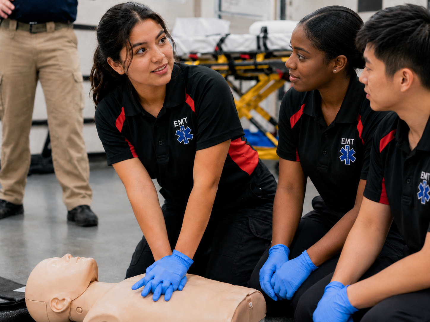 Three emergency medical technicians (EMTs) practicing CPR on a medical mannequin during a training session in a medical facility.