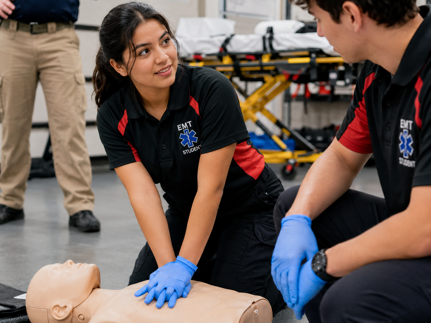 Two EMT students practicing CPR on a medical training mannequin, wearing black and red uniforms with EMT badges, in a training room with medical equipment in the background.