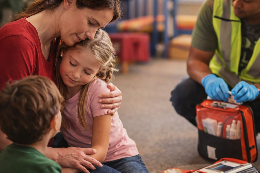 A woman comforting a young girl with a scraped arm, while another child looks on, and a paramedic sits nearby with medical supplies.