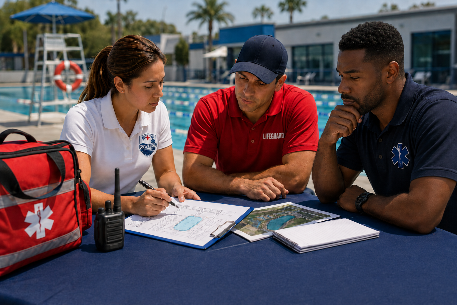 Three lifeguards and a person discussing swimming pool safety plans at an outdoor pool.