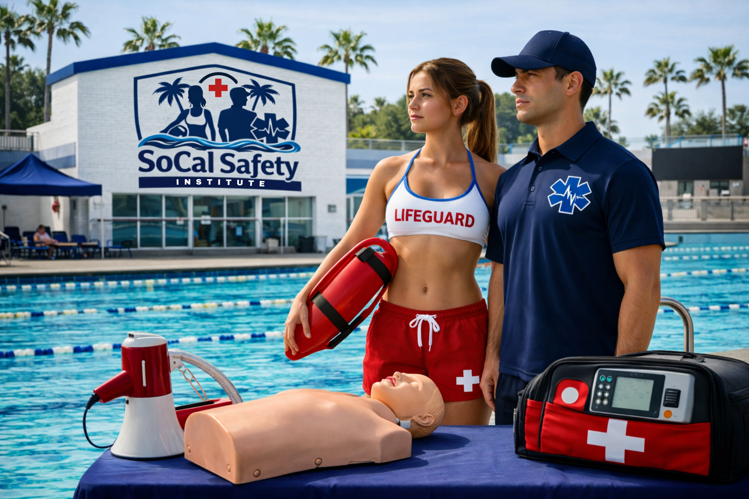 A lifeguard and paramedic at an outdoor swimming pool, preparing to perform CPR on a mannequin as part of a safety demonstration, with pool and palm trees in the background.