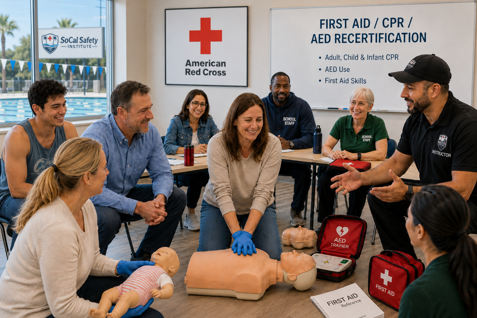 Group of people participating in a CPR training class with American Red Cross instructor demonstrating CPR on a mannequin. Participants smiling and observing, surrounded by AED equipment and training materials, in a room with a large window overlooking outdoor swimming pools.