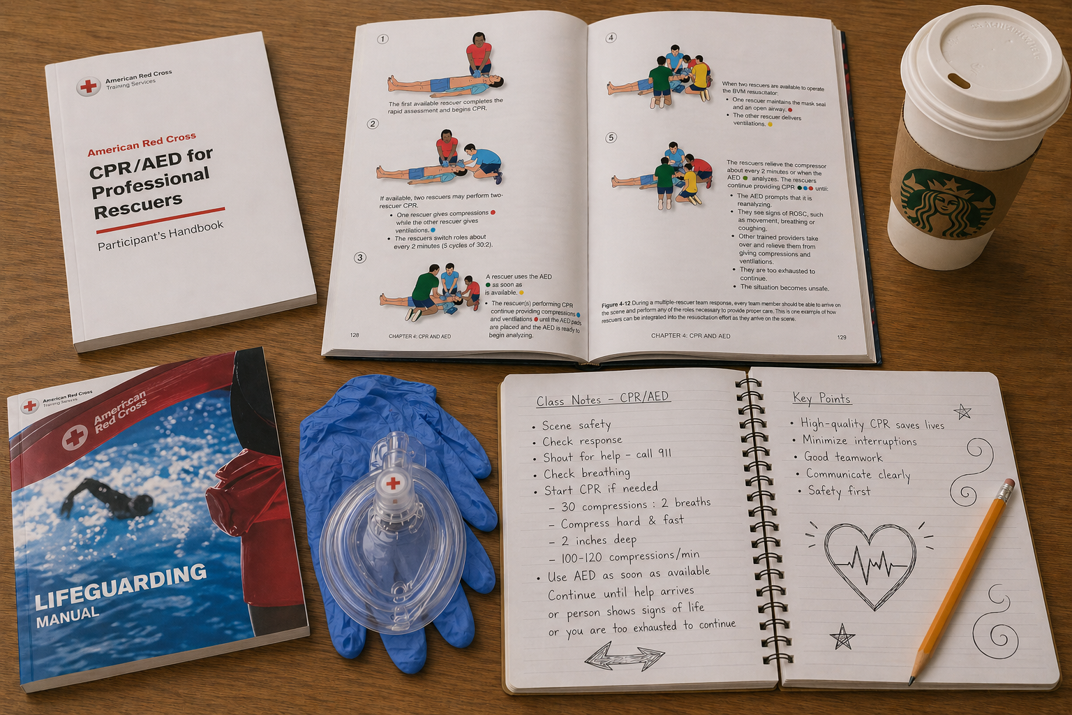 Table with CPR and AED training materials including a participant handbook, a lifeguarding manual, an open book with CPR steps and illustrations, a notebook with class notes and key points, gloves, a mask, and a Starbucks coffee cup.