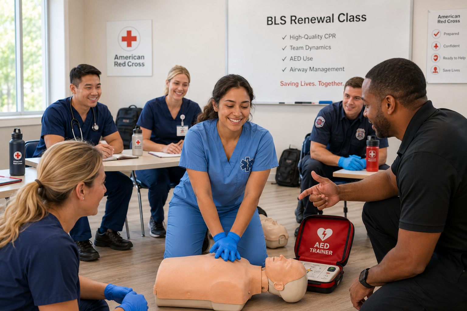 A group of healthcare professionals participating in an American Red Cross CPR and AED training class, practicing on a mannequin with an AED trainer, in a classroom setting.