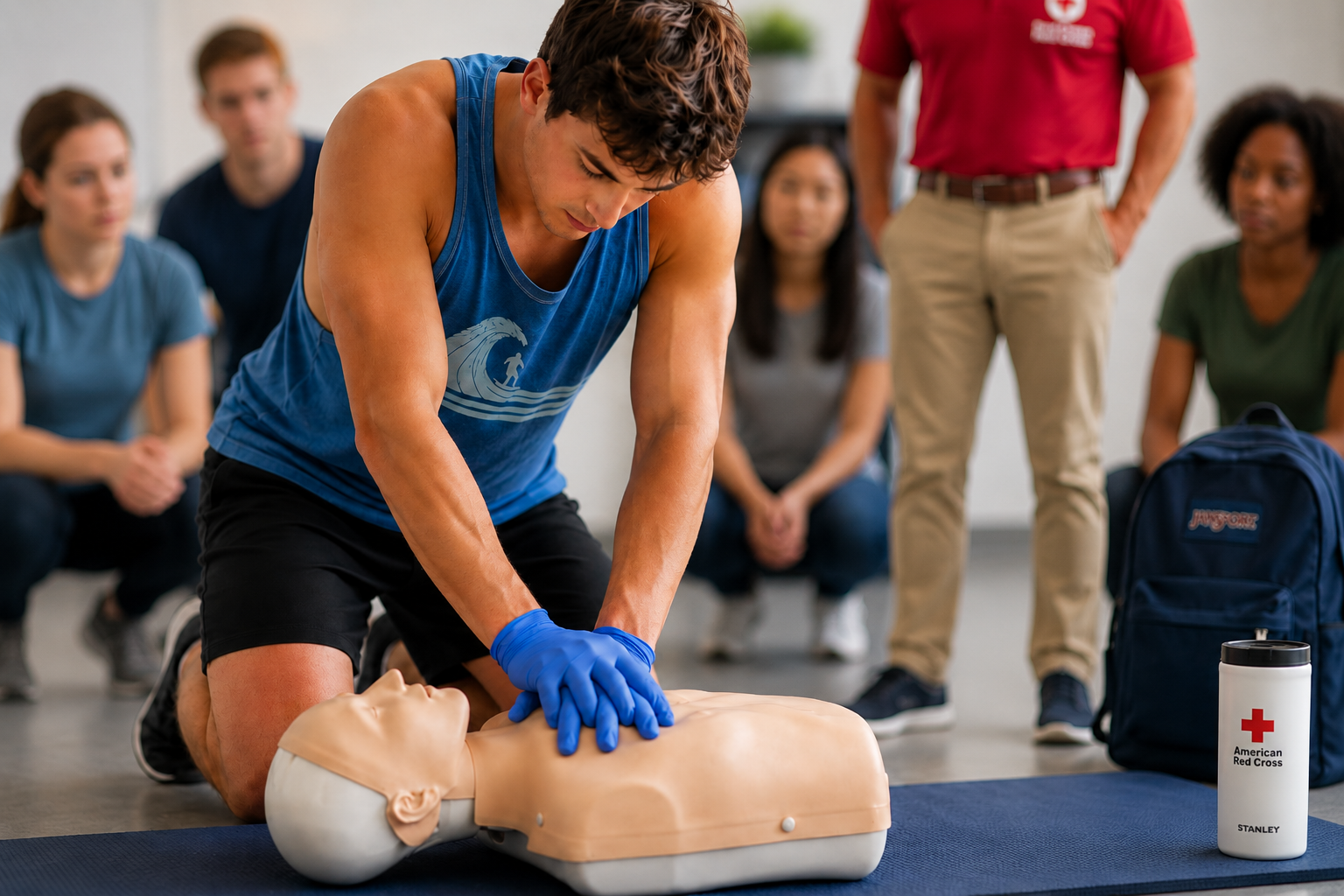 Man practicing CPR on a training mannequin during a First Aid class, with students observing in the background and an American Red Cross emergency kit nearby.