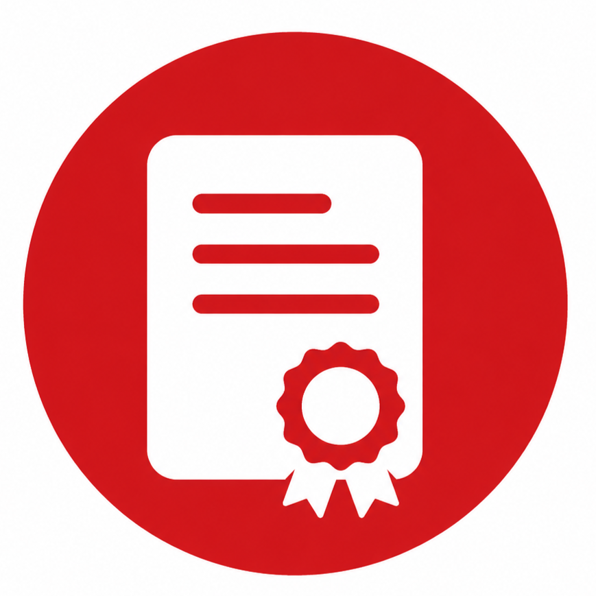 Red circular icon featuring a white certificate with a ribbon and seal.