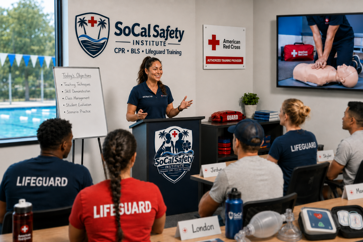 An instructor giving CPR training to a group of lifeguards at SoCal Safety Institute, with a whiteboard listing today's objectives and a large screen showing CPR demonstration.