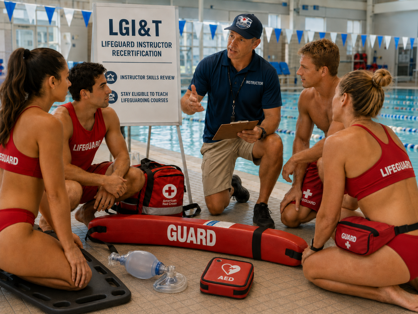 Lifeguard instructor giving a training session to a group of lifeguards in a swimming pool, with medical equipment and a sign about recertification behind them.