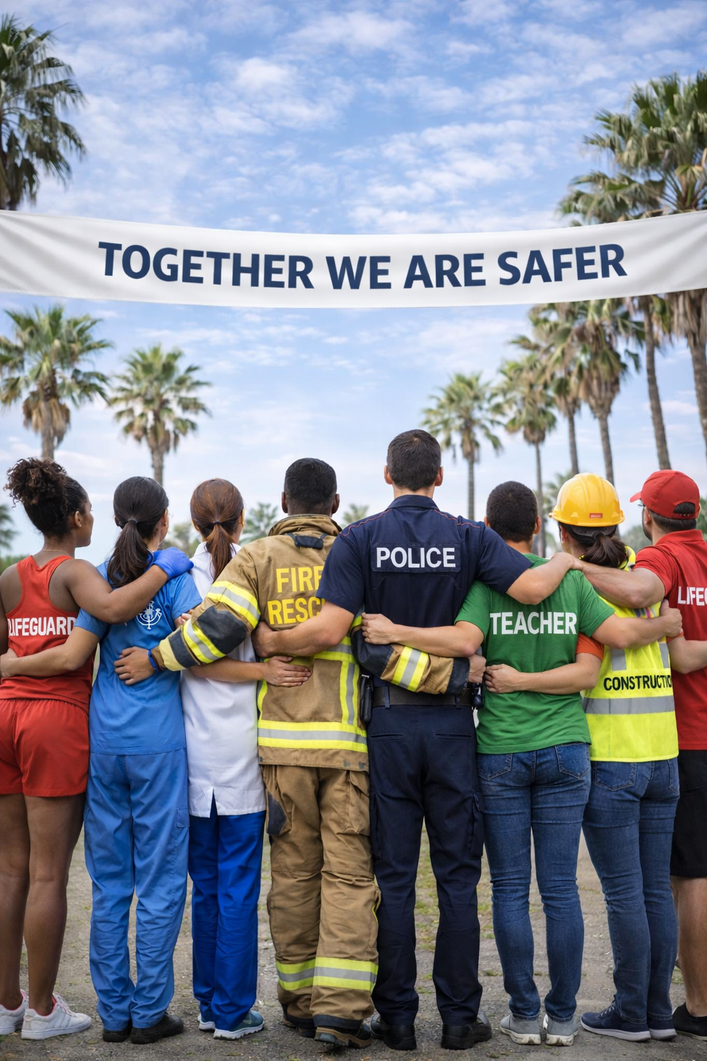 A group of people in various uniforms, including police, firefighter, teacher, and lifeguard, standing together with their arms around each other under a banner that says "Together We Are Safer" with palm trees and a partly cloudy sky in the background.