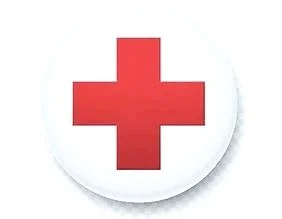 Red cross symbol on a white circular background