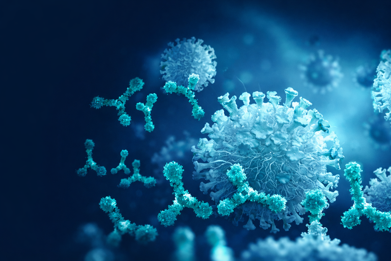 Digital illustration of virus particles and antibodies in blue tones.