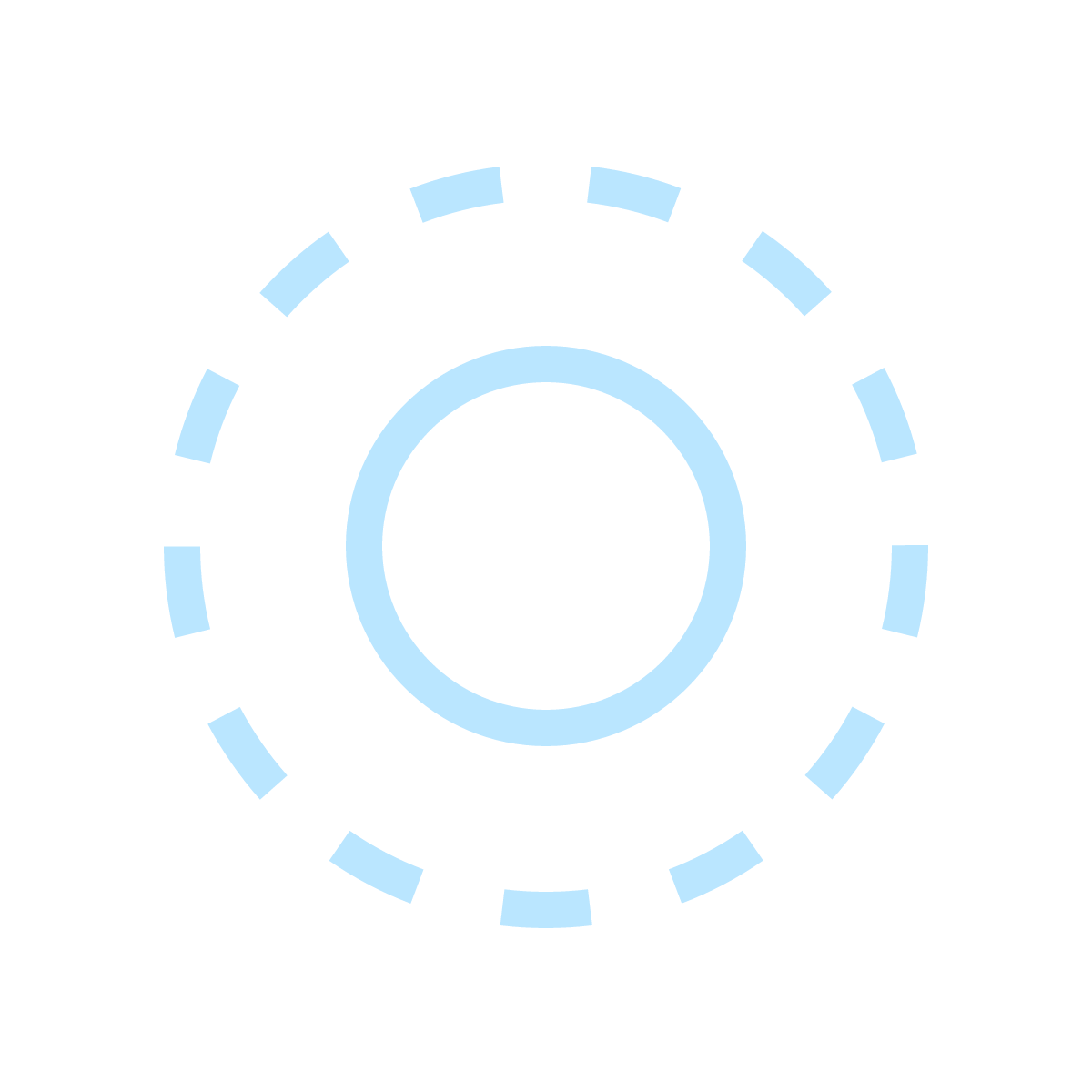 A circular loading indicator with a light blue dashed outer ring and a solid inner ring on a black background.