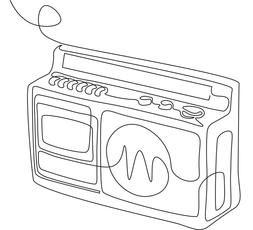 Line drawing of a portable boombox with radio, cassette player, and speaker, with a cord hanging from the top.