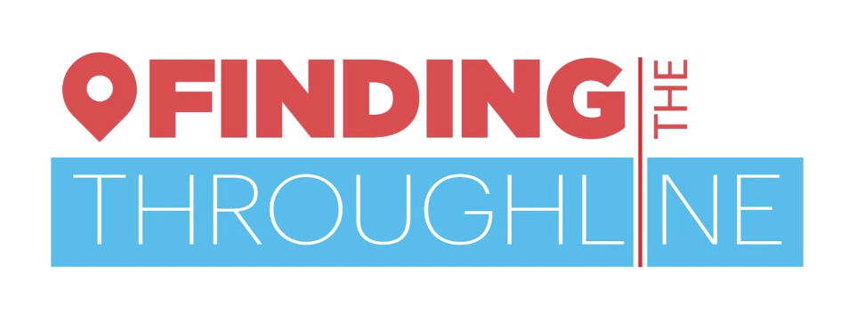 Graphic with the words 'Finding Through the' in red and blue, with a red location pin icon.