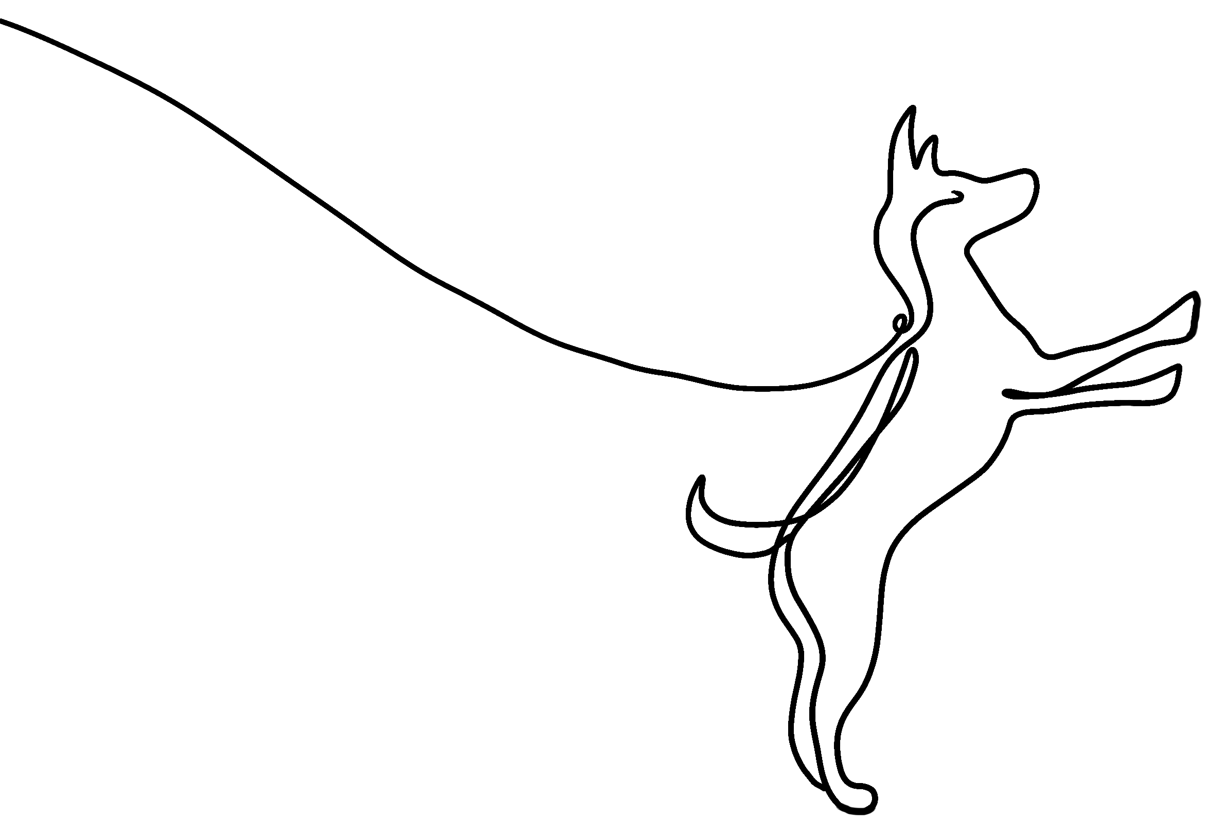 Line drawing of a excited dog on its hind legs on a leash.