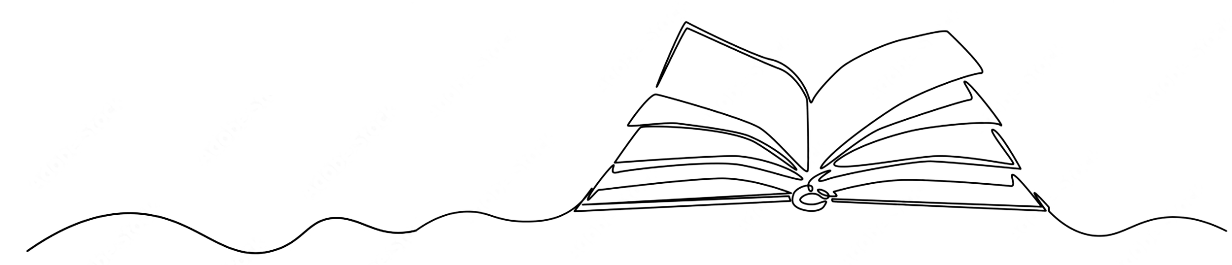 Line drawing of an open book with multiple pages fanned out, connected by a wavy line.