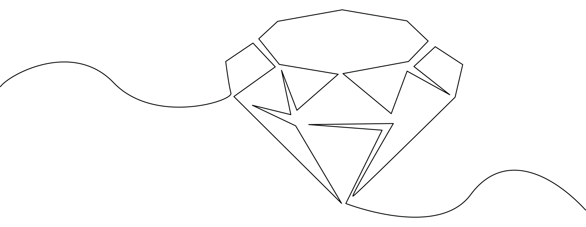 Outline of a diamond with lines extending from the point at the bottom out to the right and a line on the top left side.