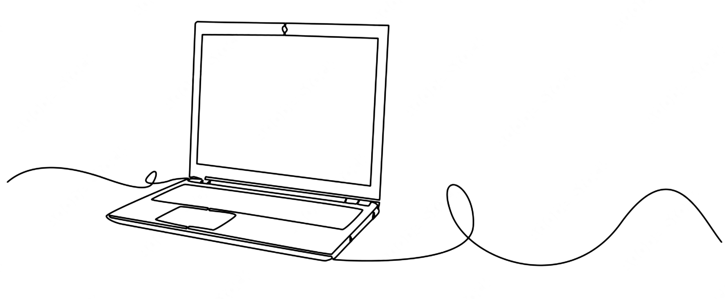 A line drawing of an open laptop computer with a mouse connected by a cable.
