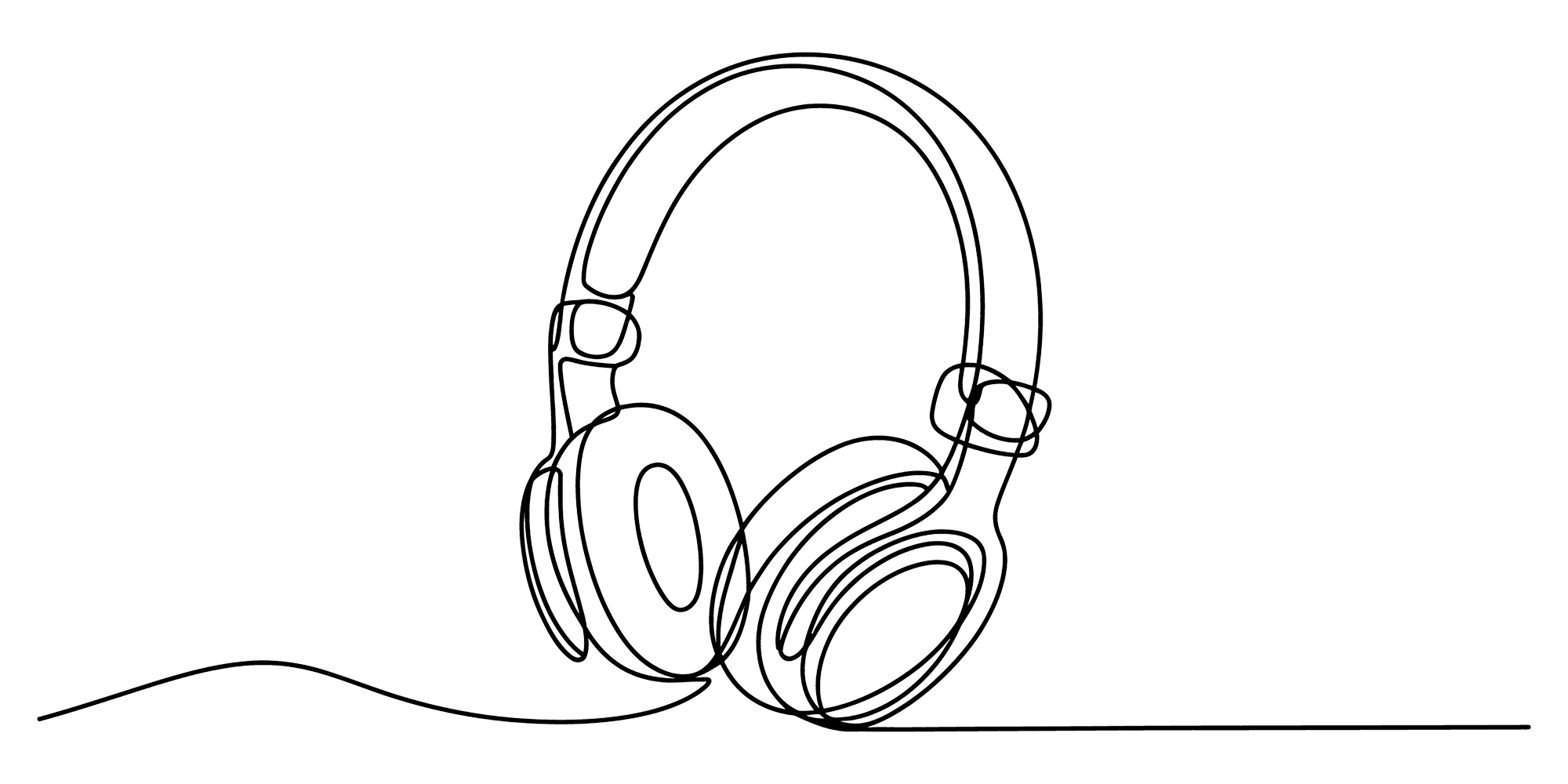 Line drawing of over-ear headphones with cable.