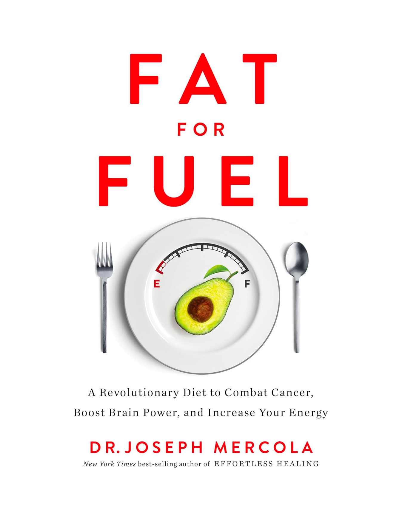 Book cover titled 'FAT FOR FUEL' with a plate showing an avocado half, a fork on the left, and a spoon on the right, promoting a diet to combat cancer, boost brain power, and increase energy.