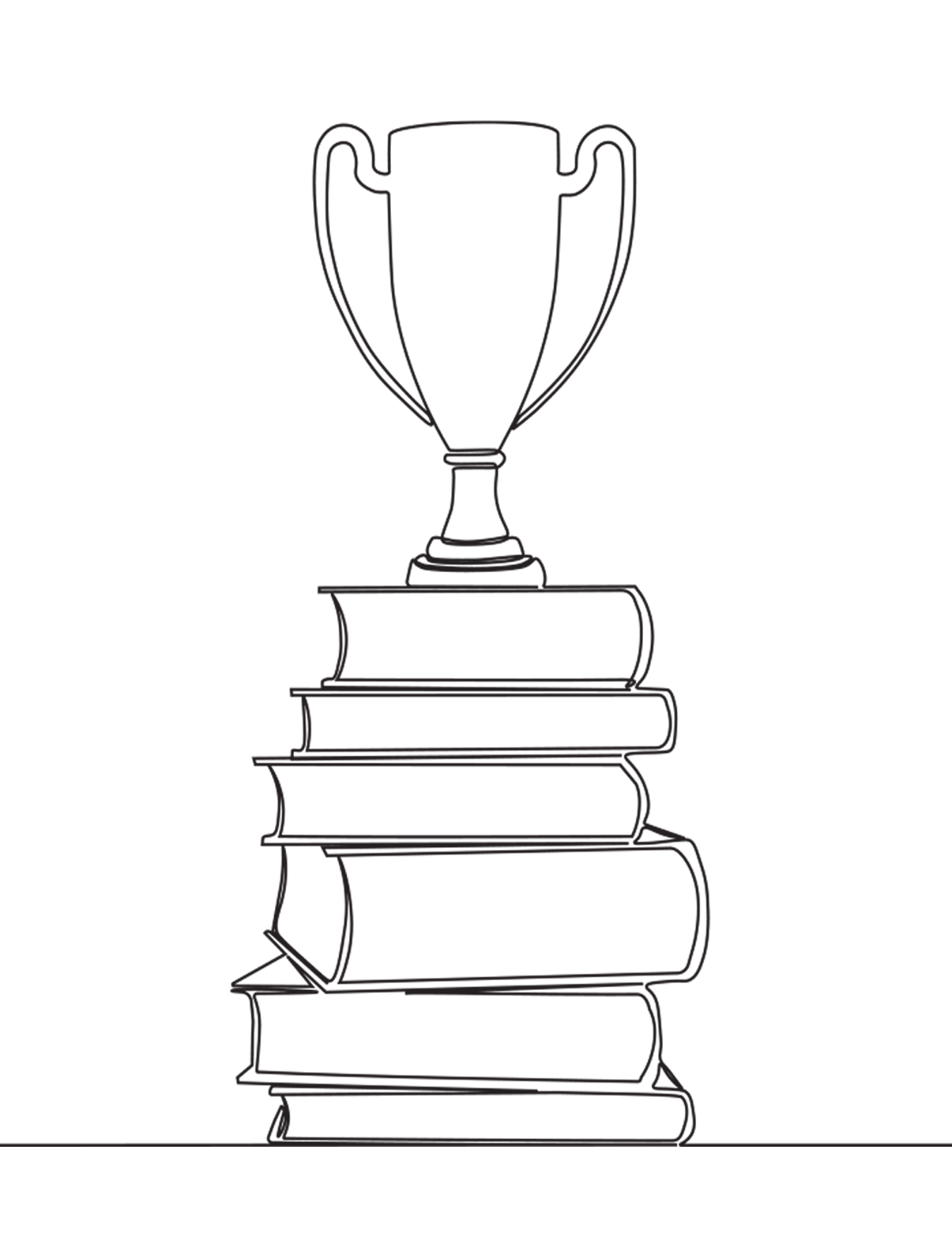 Outline drawing of a trophy on top of a stack of three books.