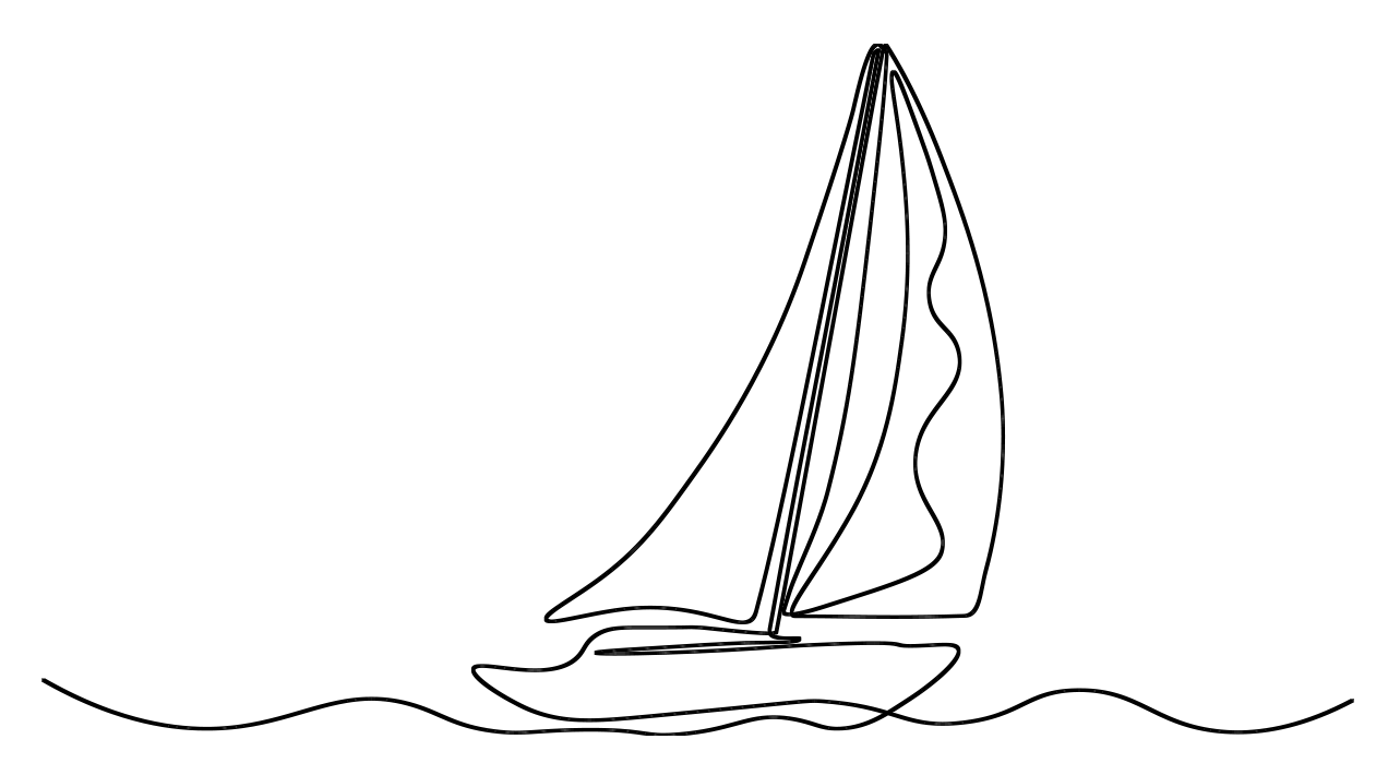Line drawing of a sailboat with sails on water.