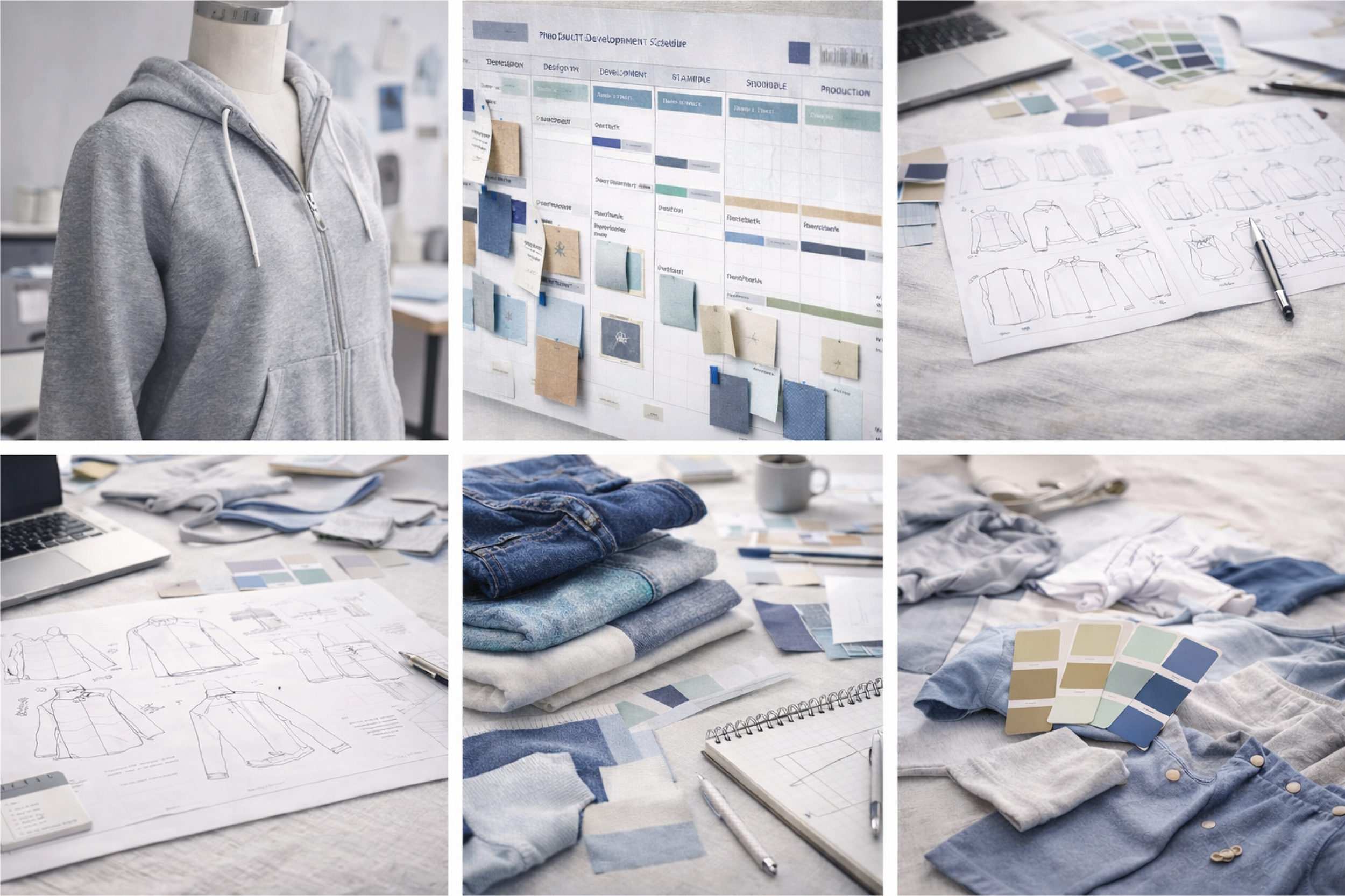 Collage of images showing fashion and apparel design process. Top row: mannequin in gray hoodie, project development schedule with fabric swatches, sketches of clothing designs. Bottom row: fabric swatches, assorted clothing items, colorful fabric samples, and sketches of jackets and shirts.