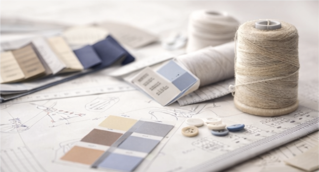 Sewing pattern, fabric swatches, thread spools, and buttons on a sewing project spread.