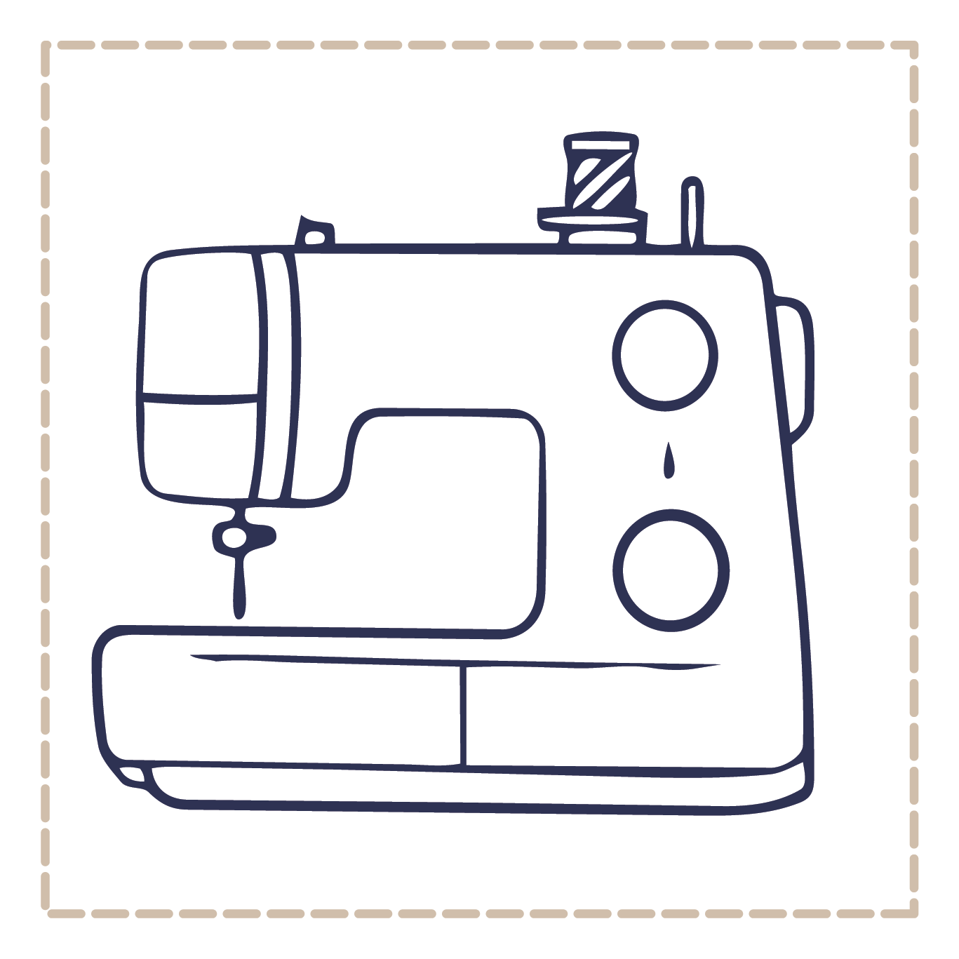 Line drawing of a sewing machine with a thread droplet underneath two circular controls.