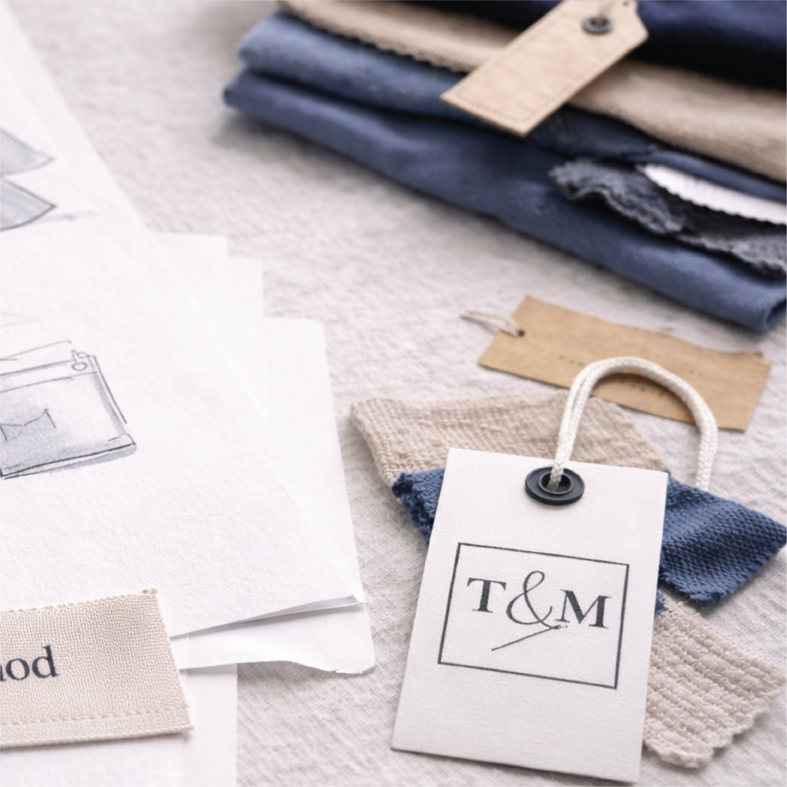 Stacked folded fabric swatches on a table with a tag labeled "T & M" attached to a fabric sample, and some fabric sketches and small fabric swatches nearby.