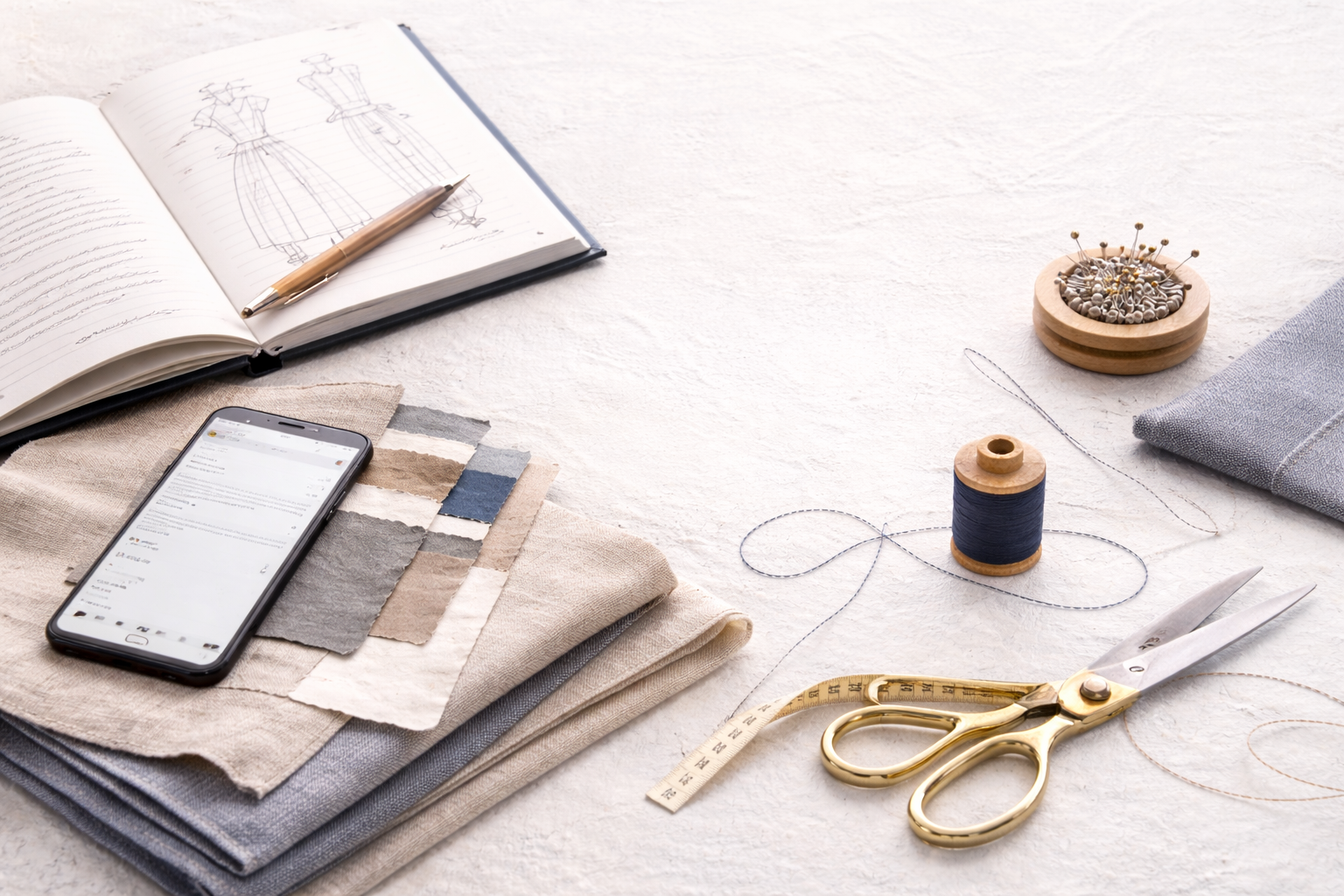 Fabric swatches, a smartphone displaying an email, pattern sketches in a book, sewing scissors, a measuring tape, a spool of thread, a pin cushion with pins, a pin, and fabric on a white surface, indicating sewing or fashion design workspace.