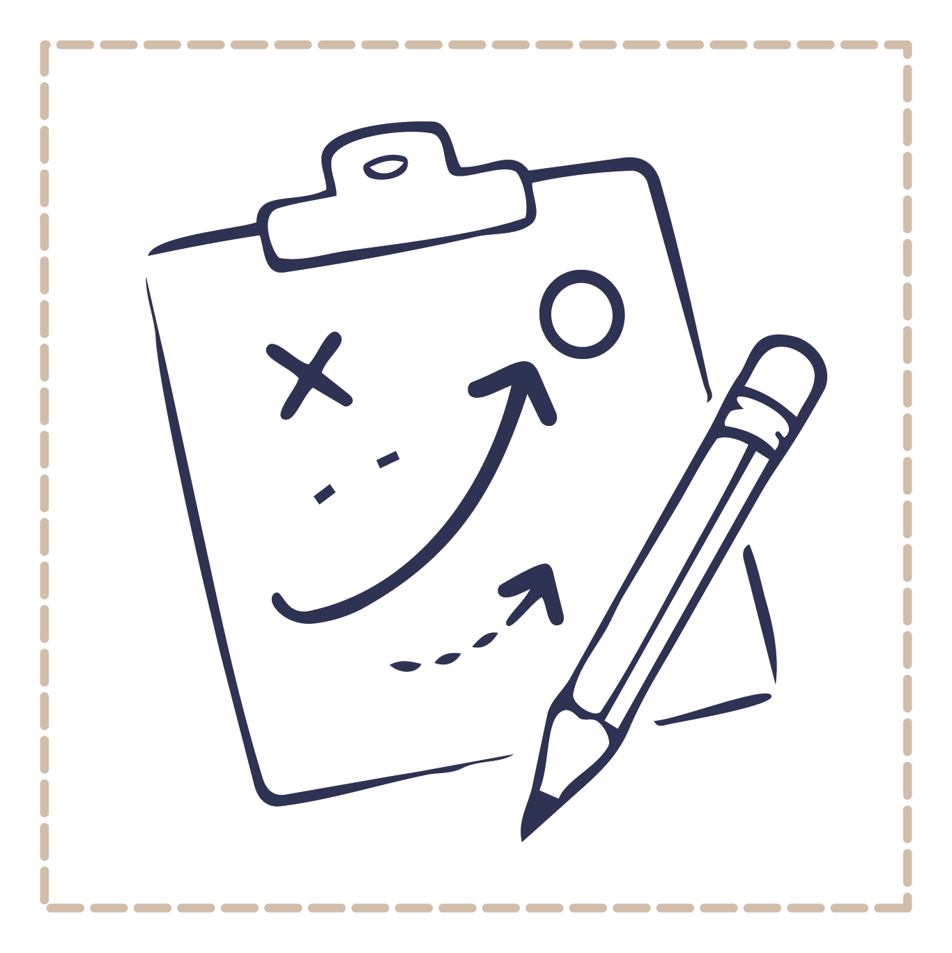 Hand-drawn illustration of a clipboard with a plan, a large pencil, and a map with X and O, organized with dashed border.