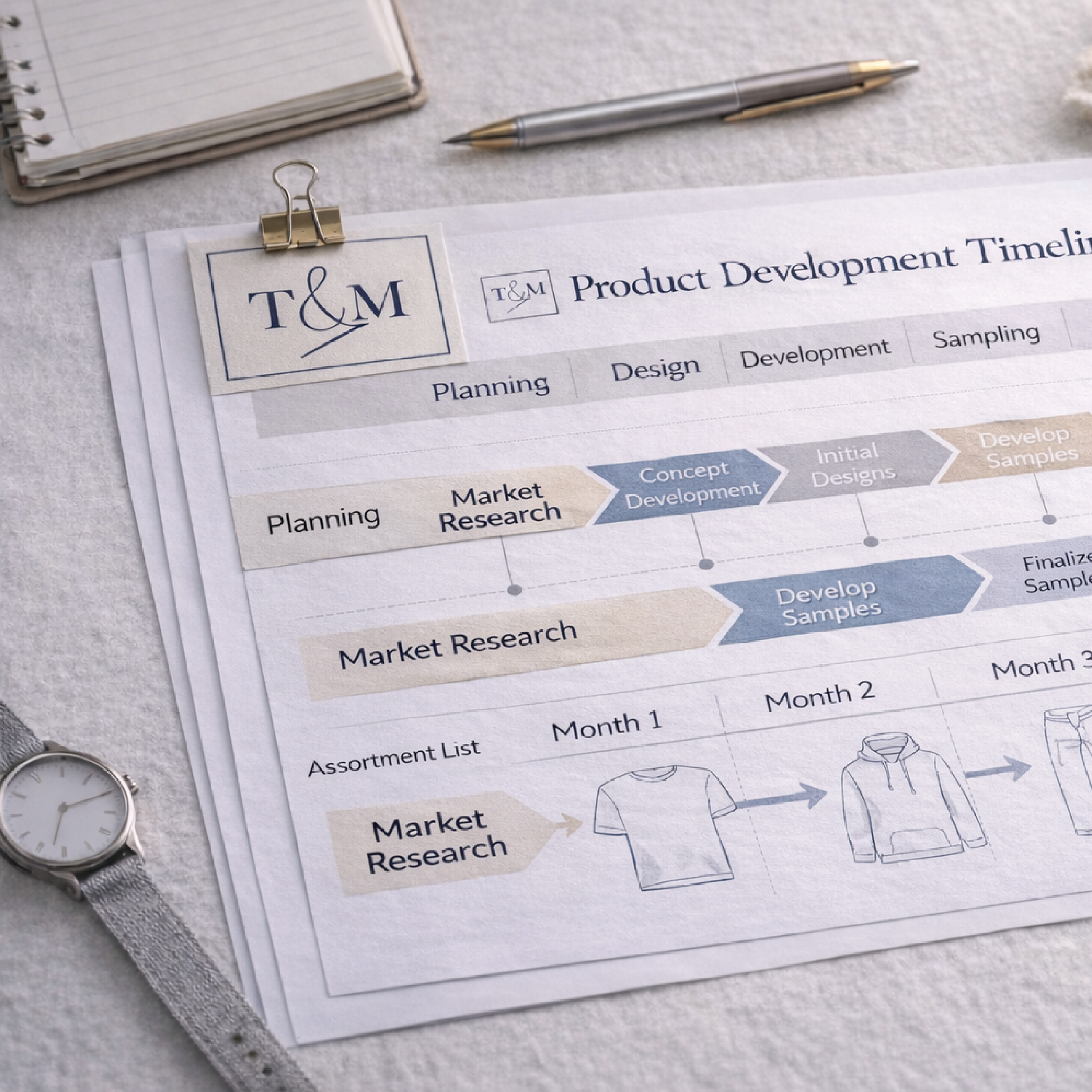 A printed product development timeline document with a T&M logo, featuring phases such as planning, design, development, and sampling, plus a flowchart and illustrations of clothing items.